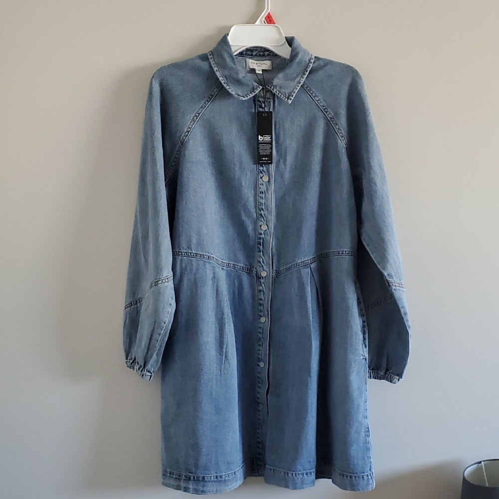 HABITUAL Blue Denim Front Snap Button Baloon Sleeve Relaxed Fit Dress Sz M NWT